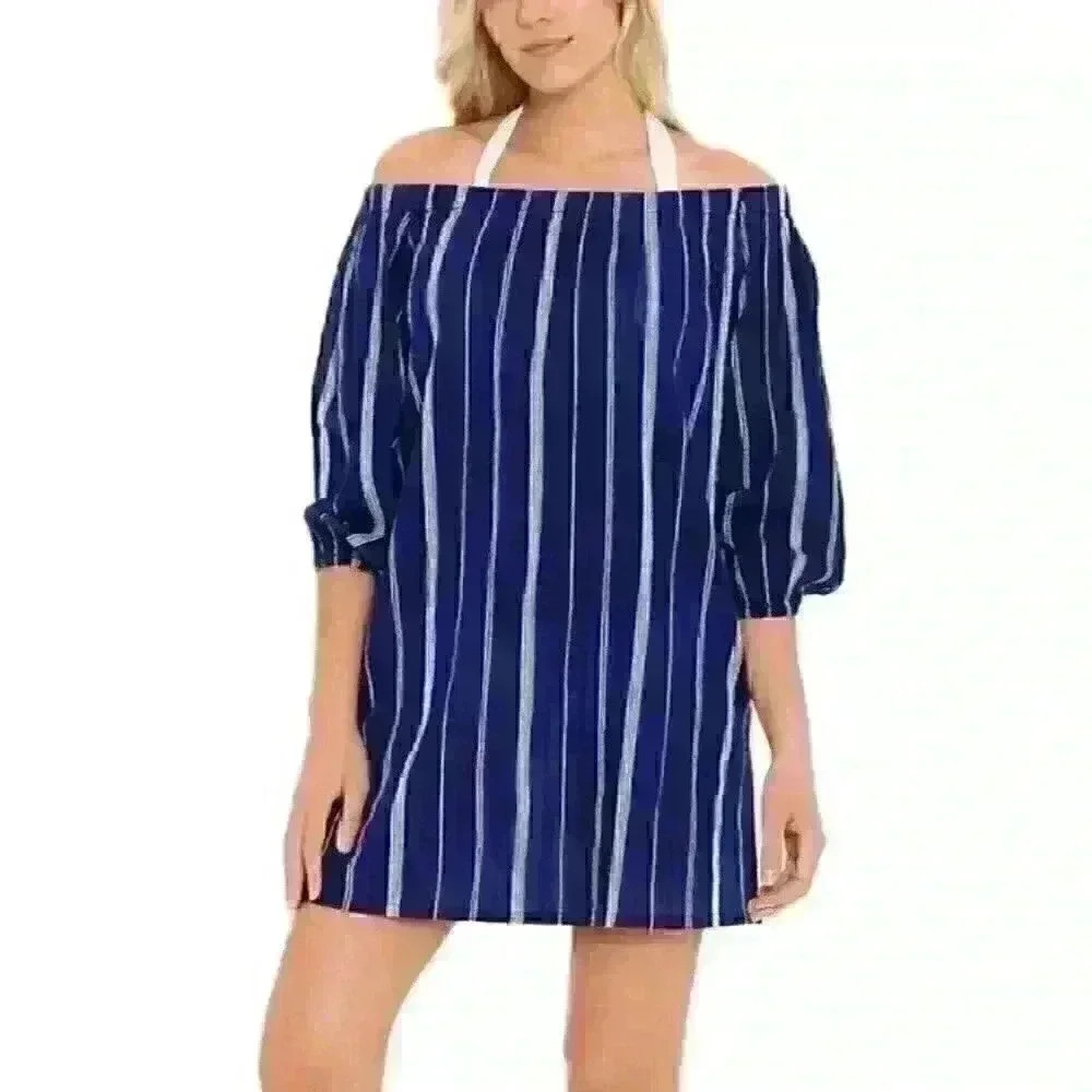 NEW Lauren Ralph Lauren Women's L Striped Off-the-Shoulder Dress Cover NWT $114
